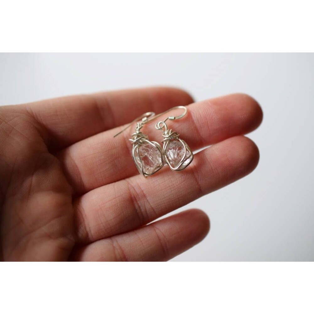 Large Dangle Raw Diamond Earrings, Rough Uncut Diamond Earrings Wire Wrapped Ear